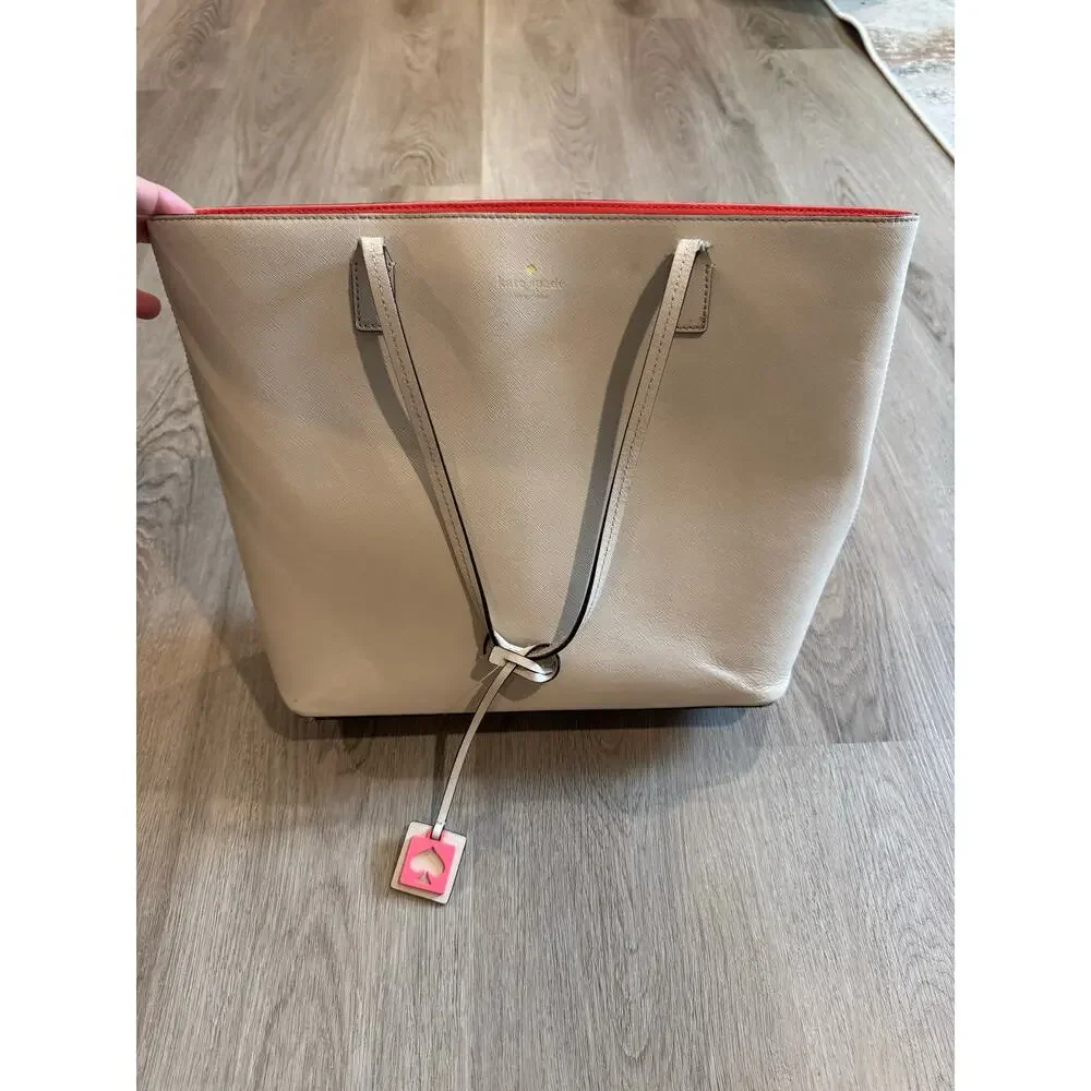 Kate Spade Leather Travel Tote Beige Pebbled Leather Zip Top